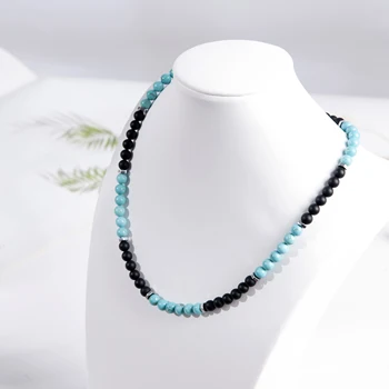 Wholesale 6mm natural gemstone black onyx mixed blue turquoise stone beads necklace for women