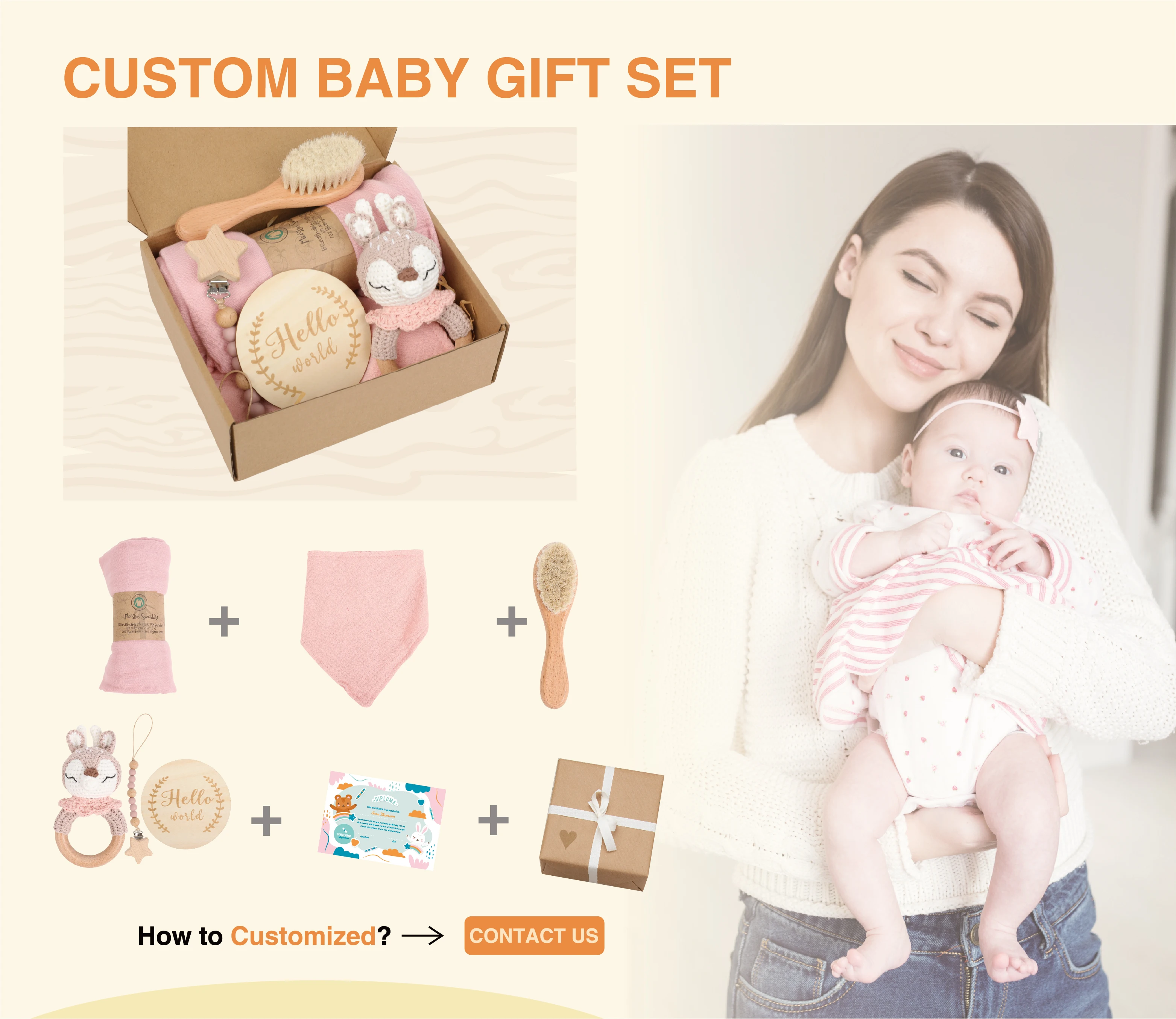 Custom 100 Muslin Cotton Swaddle Set Crochet Teether Wooden Ring