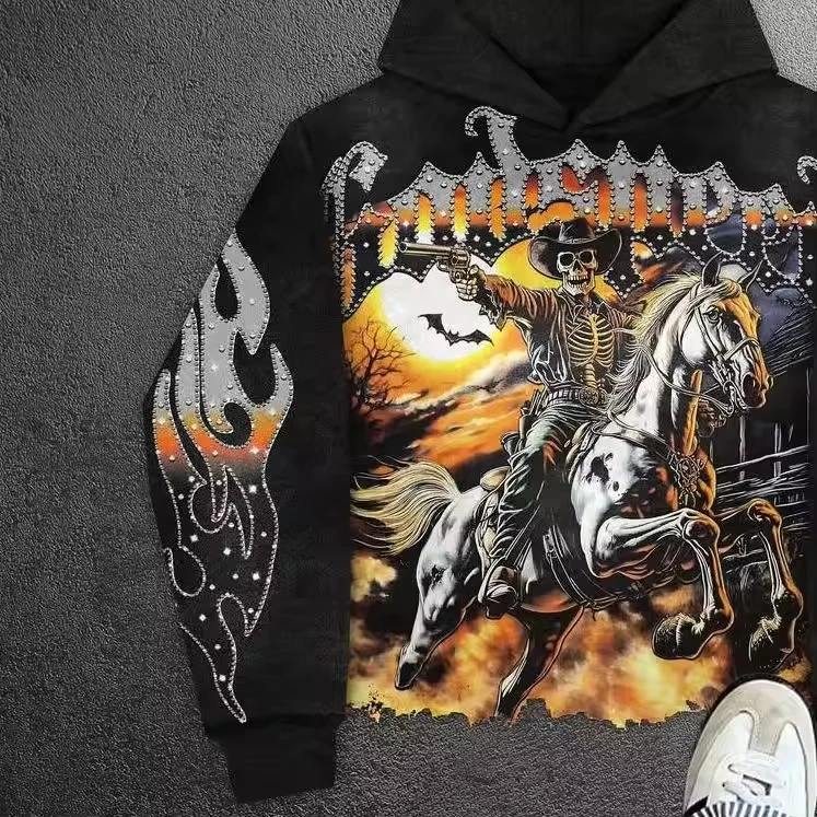SALATI Custom Heavyweight High-Quality Hot-Fix Rhinestone DTG Print 100% Cotton Irregular Hem Screen-Printed Pullover Hoodie gallery 4