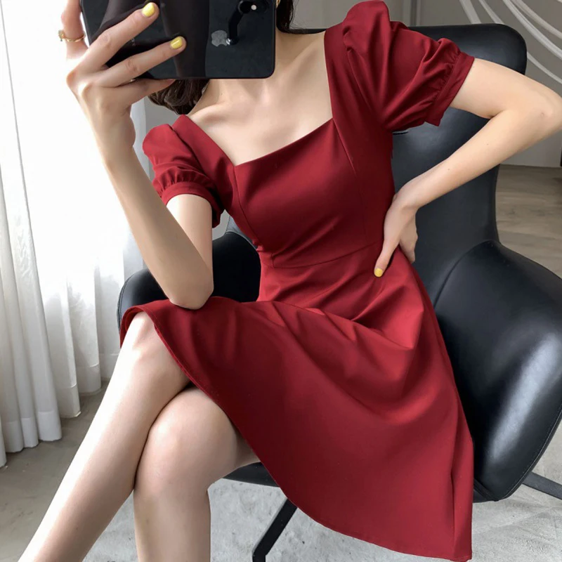Puff Sleeve Girl Cute Casual Dress 