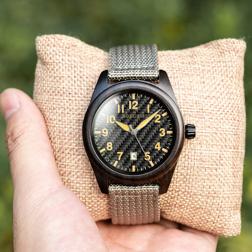 quickshipment High Quality Japanese Quartz Movement Carbon Fiber Pattern Dial Multicolor Optional Nylon Strap Quartz Wood Watch