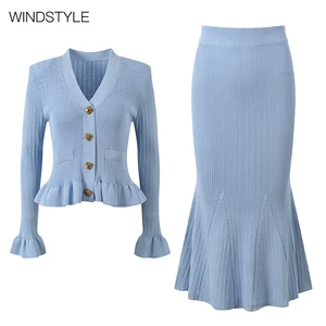 Autumn Formal Slim Suit with Single-Breasted Top V-Neck Wooden Ear Cuff Hem Hip Fishtail Skirt Solid Knitting Fabric