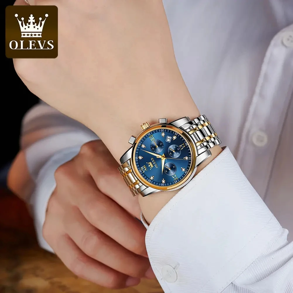 OLEVS 2858 Business Multi Time Zone Wristwatch Reloj Waterproof Feature Analog Date Watches Stainless Steel Quartz Watch for Men