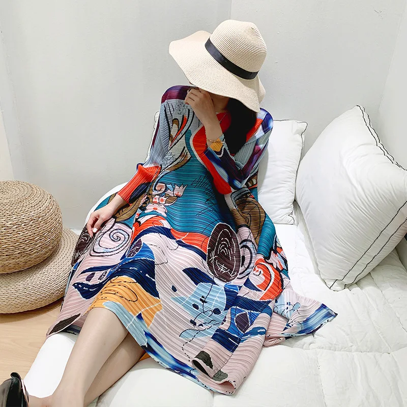 Popular Miyake Large Size Printing Temperament Pleated Skirt Female Dress