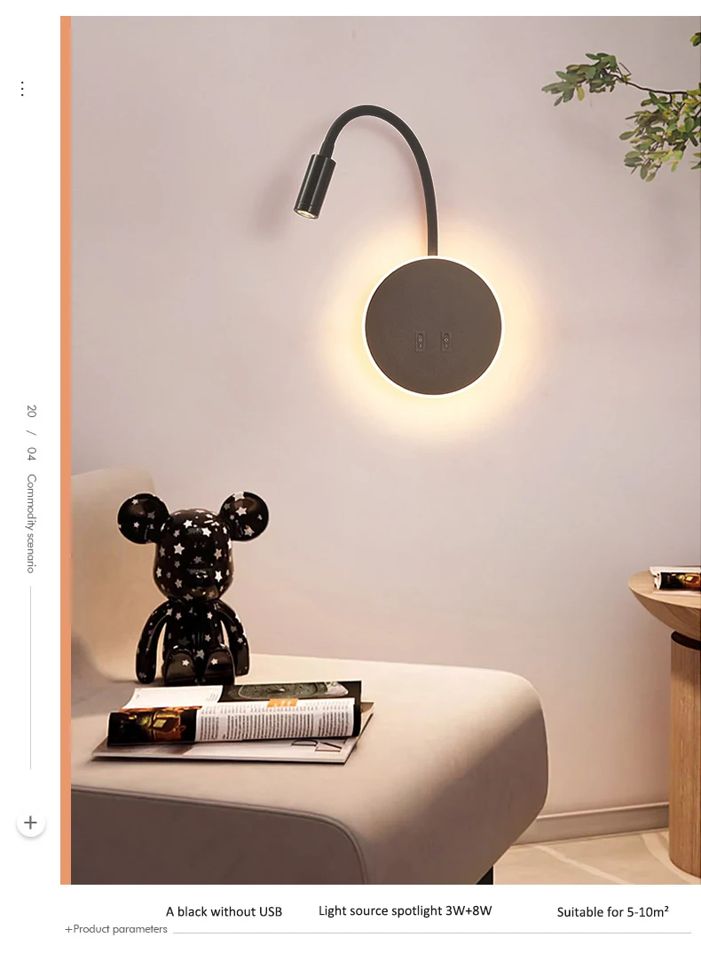 Small Led Bedside Wall Mounted Lamp Flexible Neck Gooseneck Book