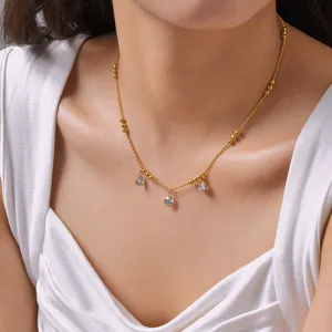 Fashion Jewelry Women Gold Plated Round Bead Chain Necklace Stainless Steel 3 Zircon Pendant Necklace