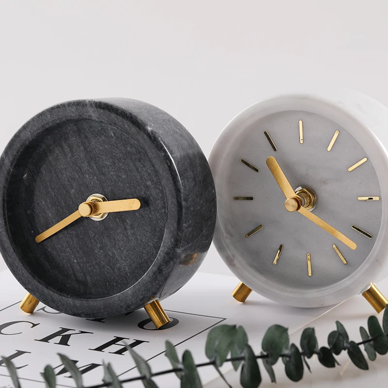 Factory Directly Sell Silent Desk Clock Marble Small Round Table Marble Clock Home Decoration
