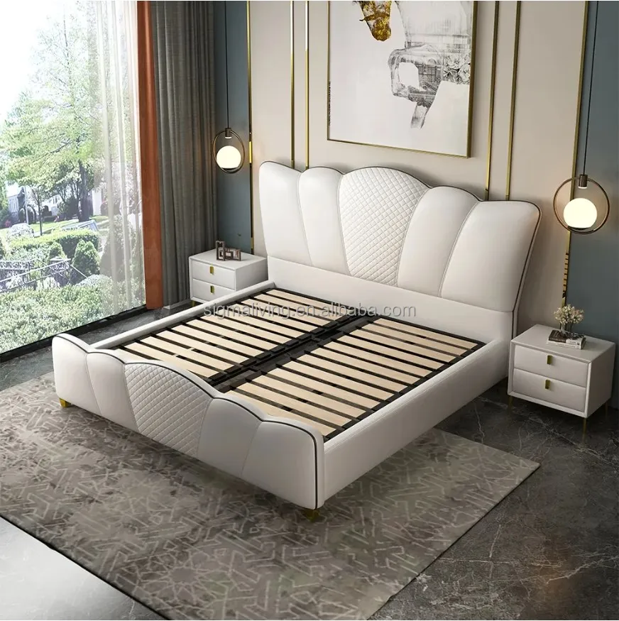 Milky curved headboard cal King bed white microfiber leather platform bed