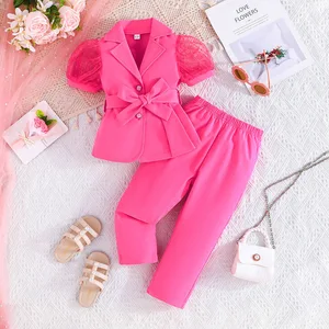 New Girls' Casual Two-Piece Set Solid Pattern Puff Short-Sleeved Mesh Sleeves Suit Jacket + Pants Children's Clothes