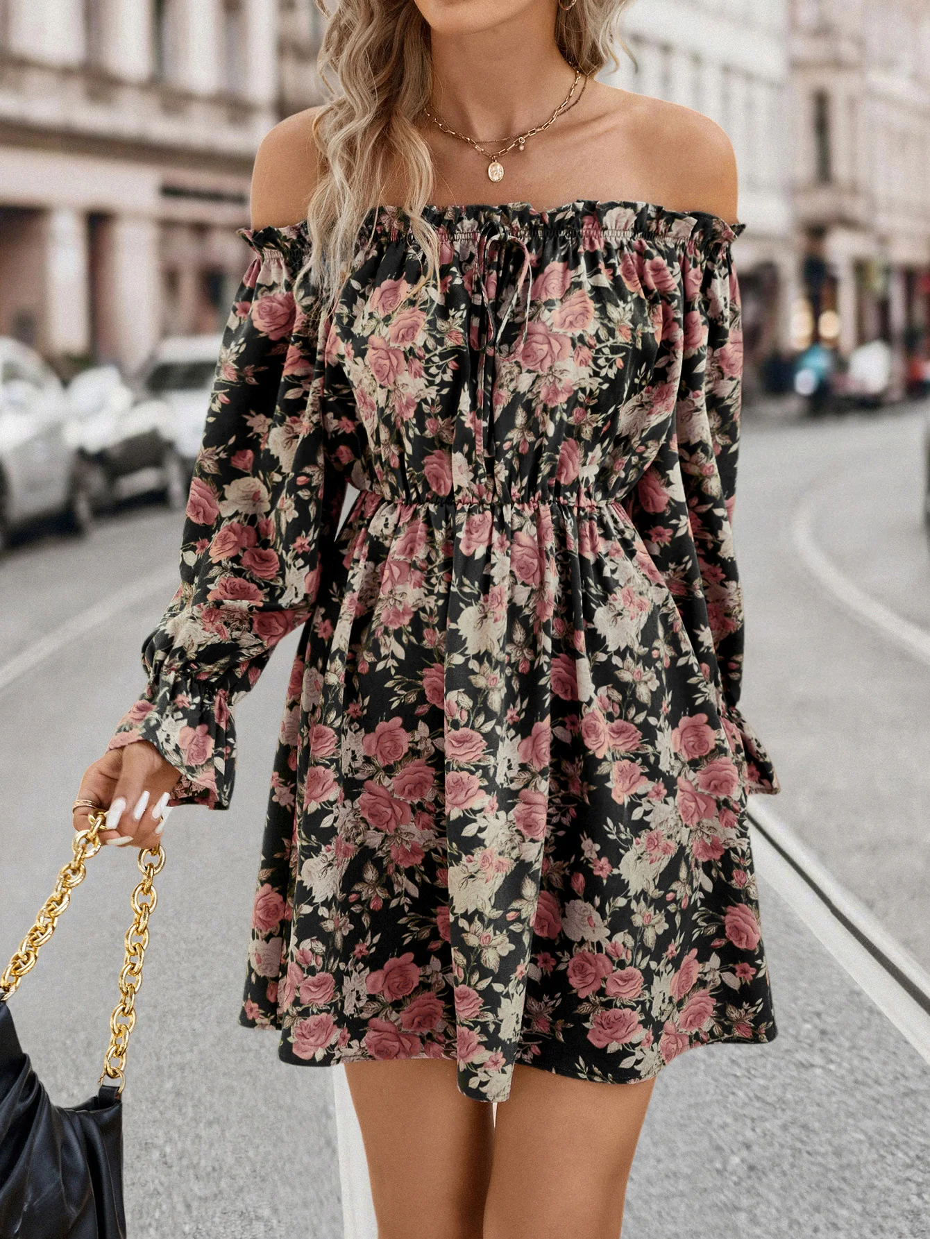 Printed Long-sleeved Dress With French Collar Spring Summer One ...