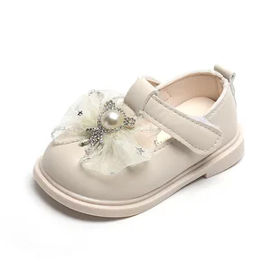 1 Year Pearl Rhinestones Bow Baby Princess Shoes Pu Leather Toddler Dress Shoes Princess Shoes for Girls