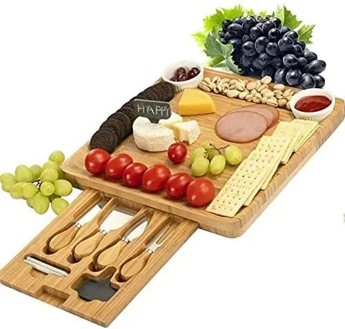 Cheese Board and Knife Set Bamboo Charcuterie Platter Serving Tray Gifts for Housewarming Wedding Birthday