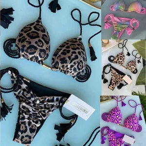 Sexy Solid Color Bikini with Braided Straps and Tassel Pendant for Women