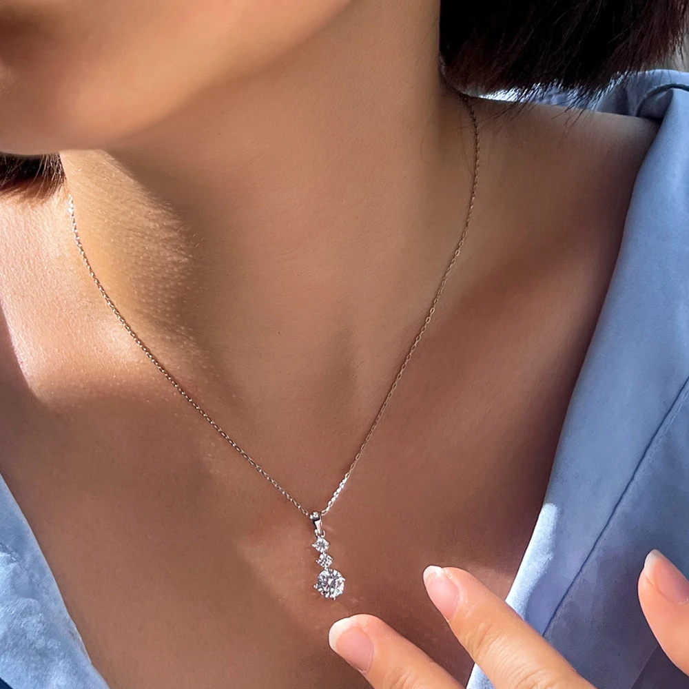 Real S925 Sterling Silver Cubic Zirconia Chain Link Pendant Necklace for  Women