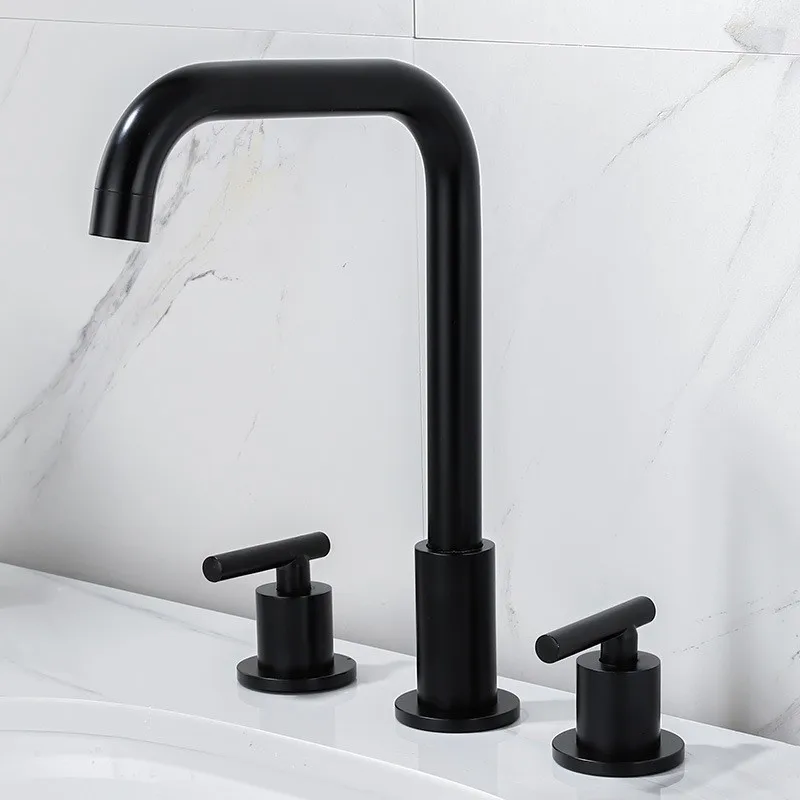 Black Wash Basin Faucet Copper Dual Handle Modern Wall Bathroom Square ...