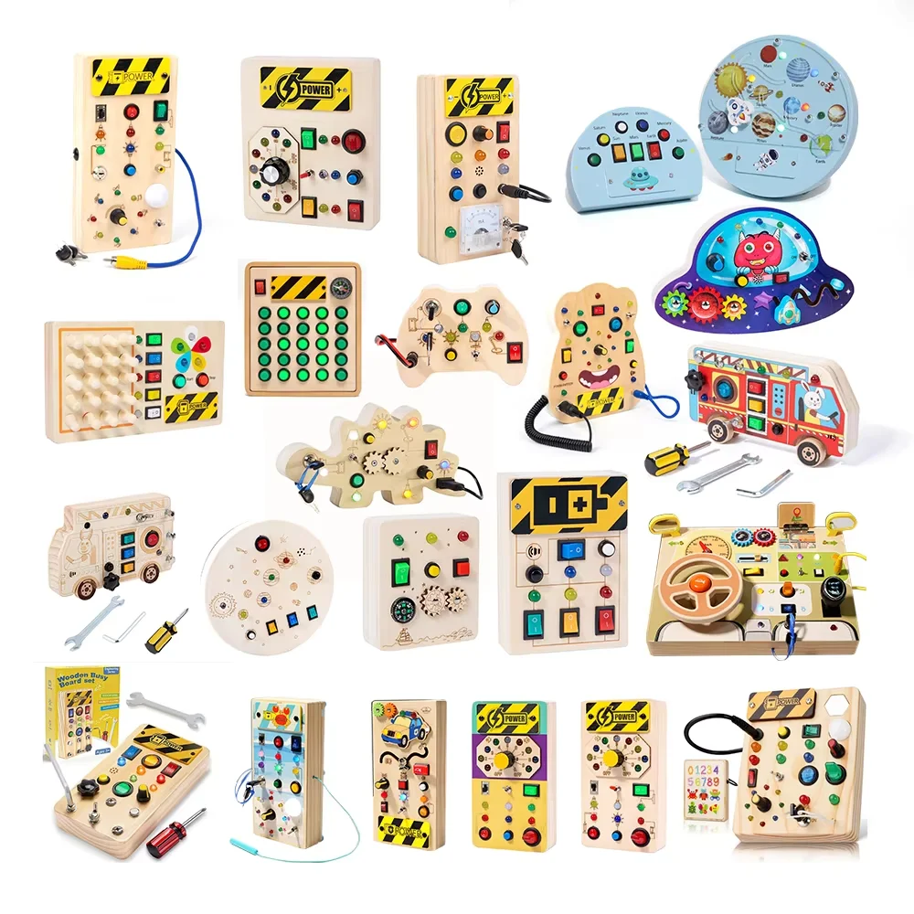 Qiaike Meistverkaufte Holz Led Licht Schalter Busy Board Montessori Spielzeug Für Kinder CPC CE UKCA Zertifiziert