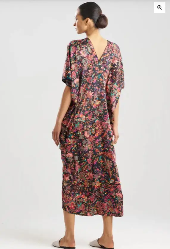2025 Granada V- Neck Caftan Floral Print Sleeping Wear Muslim Women Loose- Weight Long Dress for Summer Short Sleeve Side Slits
