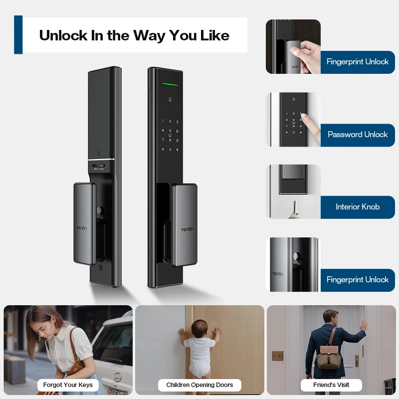 Tenon A5 Smart Keyless Automatic Electronic Push Pull Door Lock Security Tuya App RFID Controlled Digital Password WiFi