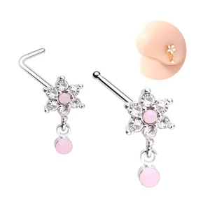 New Trendy Design Stainless Steel Dangle Nose Stud Rings Flower Nose Piercing Fashion Body Jewelry for Women Men