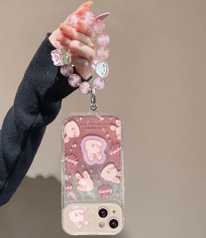 Cute Rabbit Fold Mirror Camera Stand With Bracelet TPU Mobile Phone Cover Case for Iphone 17 8 X Xr Xs 11 12 13 14 15 16 Pro Max