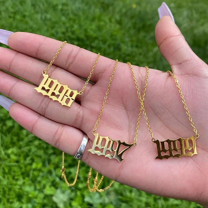 JoycuFF Birth Year Number Necklace Old English Necklaces for Women Daughter Teen Girl Sister Personalized Birthday Jewelry 18K Real Gold Stainless Steel Pendant 