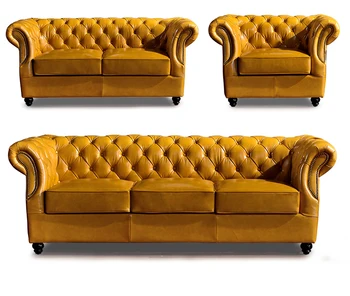 Industrial distress leather sofa Cafe Room 1+2+3 Yellow chesterfield sofa genuine leather