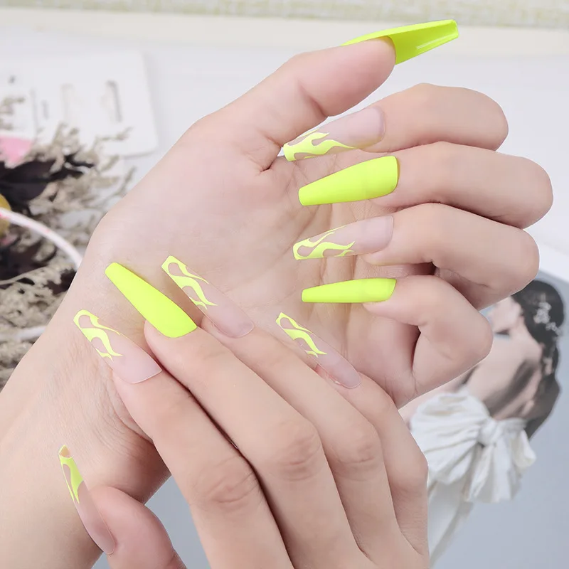 Frosted Fluorescent Yellow Flame Extreme Long Ballet Nail Designs Matte  False Press On Nails - Buy Designer Press On Nails,Long Nail  Designs,Extreme Long Nails Product on 