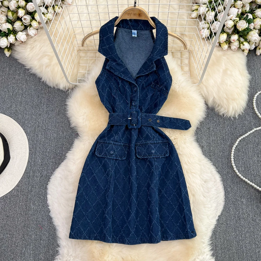 chinese dress ladies Savannah Medium Wash V Neck Sleeveless Denim Mini Dress S / Medium Wash main image 0