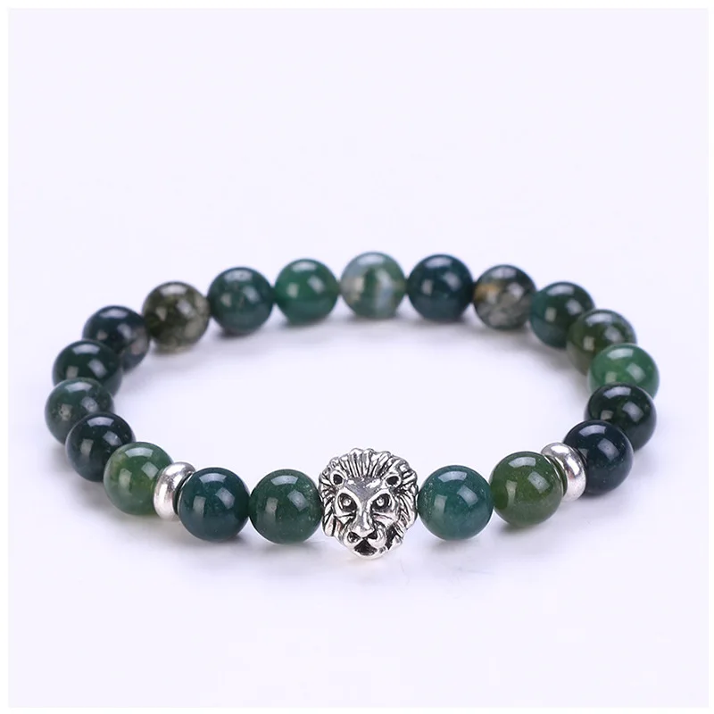 8mm Natural Gemstone Beaded Chakra Bracelet with Elastic Alloy Lion Head Anniversary Gift for Men and Women