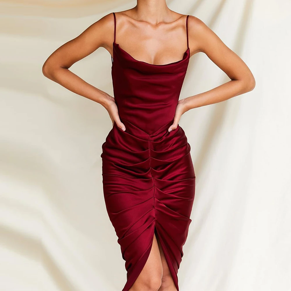 Women Bodycon Satin Dress new hot casual Long Pleated Sexy night Club  Ladies Stretch Sling Dresses
