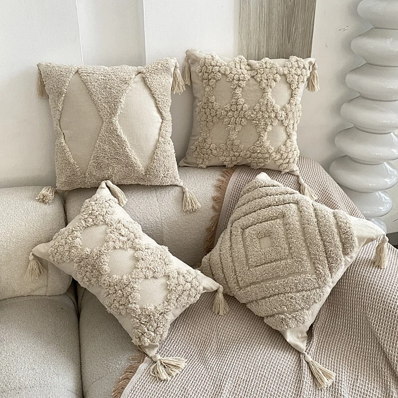 Macrame Decorative Plain Bohemian Style 100% Cotton Outdoor Furniture Cushions with Tufted Tassel Throw Pillow