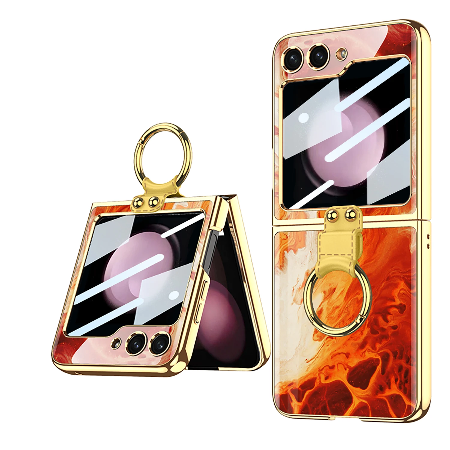 For Flip 7 Luxury case Custom Pattern Glass Painting with Ring Case for Samsung Z Flip 4 5 6 Mobile Accessories