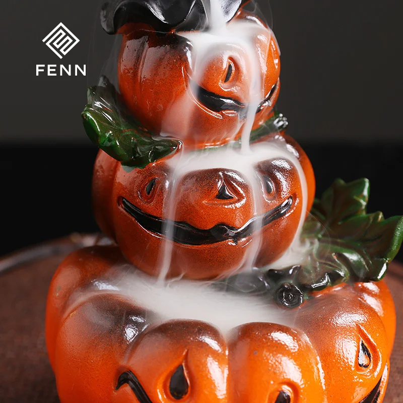 FENN Halloween Ghost Festival Backflow Incense Burner Gift Ceramic Pumpkin Waterfall Backflow Incense Burner Party Decoration