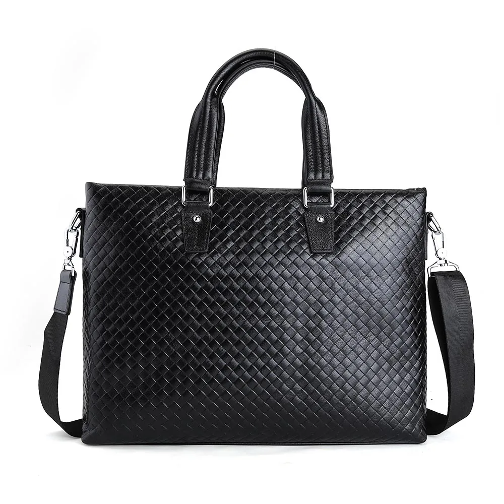 TIDING Japanese Style Handmade Office Business Bag Men Fashion Black Leather Weave Briefcase Handbag
