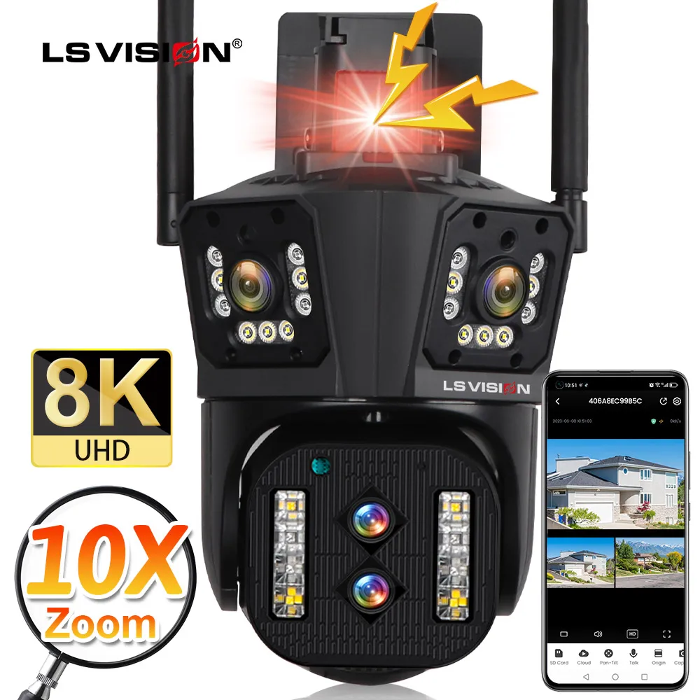 LS VISION 10K 20MP Five Lens 20X Zoom WiFi IP Camera Three Screen Auto Tracking PTZ Cam 360 Outdoor Surveillance Security Camera