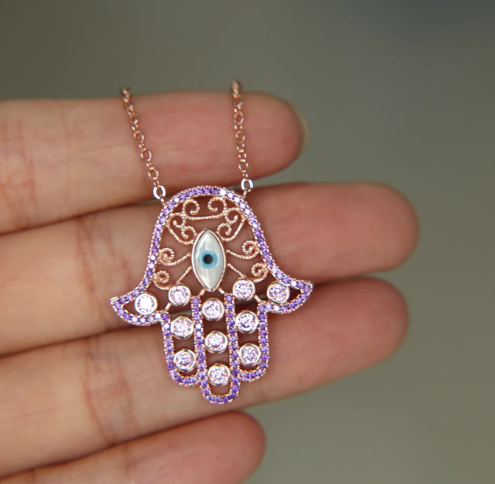 High Quality Stock Red clear Cubic Zircon Rose Gold Plated Turkish Jewelry Hamsa Hand Pendant Necklace