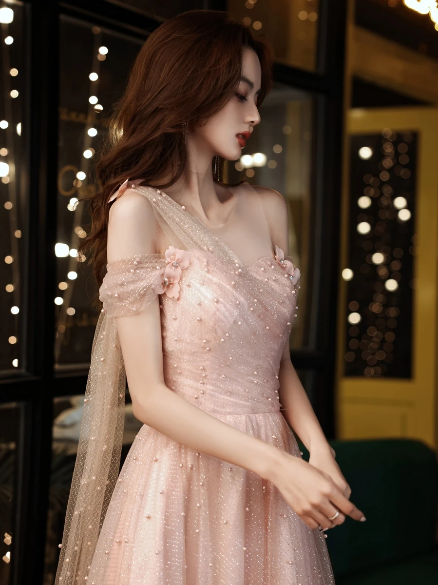 Sevintage Blush Prom Dresses 2021 Pleated Starry Tulle Long Evening Dress  A-Line Formal Party Gowns