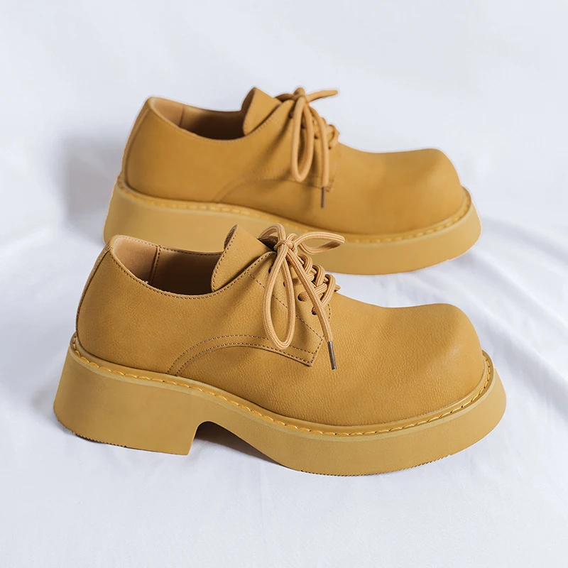 brown platform dress shoes Women Genuine Leather Platform Round Toe Retro Comfort Loafers