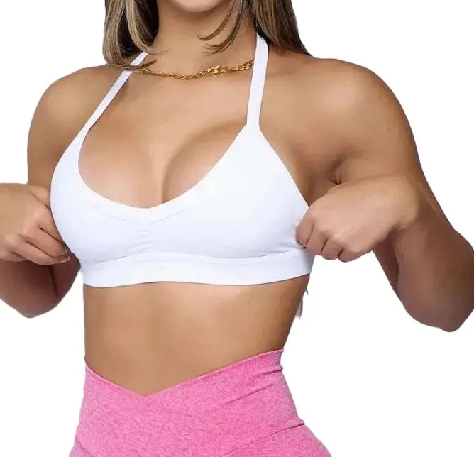 OEM Custom Lady Padded Backless Workout Bra Gym Yoga Top Yogawear Fitness Open Back Halter Seamless Sports Bra for Women