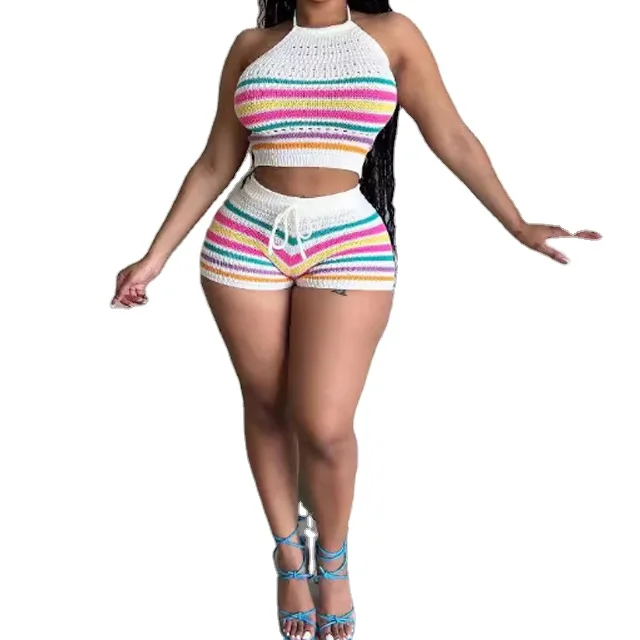 GX8157 Women's Knitted Outfit - Sleeveless Crop Top & Shorts