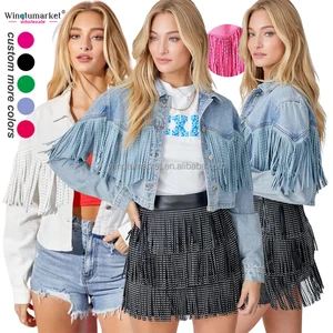 Wholesale Jeans Jackets Fall Ladies Outdoor Short Coat Tassel Rhinestone Fringe Washed Vintage Denim Jacket for Women