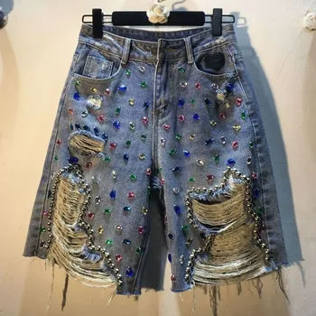 2024 Exquisite Rhinestone Beaded High Waist Denim Shorts Women's Summer New Slim Fit All-Match Ripped Tassel Hot Pants Fashion