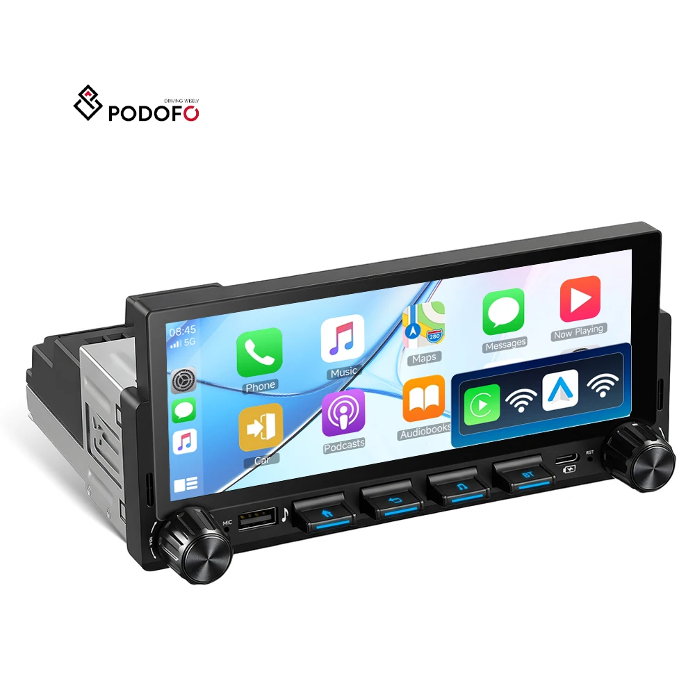 Podofo 4+64G 1 Din Android Car Radio 6.86-inch Incell Screen Car Audio Wireless Carplay/Android Auto GPS WiFi Piano Key OEM/ODM A4590