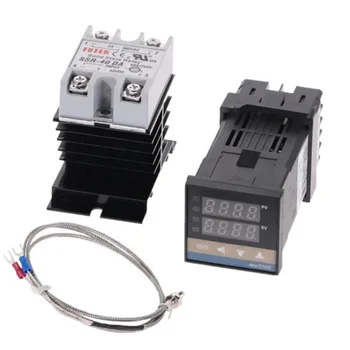 100-240VAC PID REX-C100 Temperature Controller Range 0 to 900C SSR40A K Thermocouple, PID Controller Set + Heat Sink