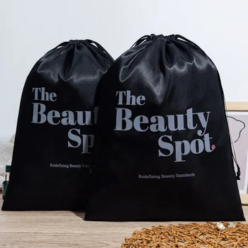High Quality Custom Logo Black Satin Drawstring Wig Packaging Dust Bag for Clothing and Hats Flexography Textile Packaging