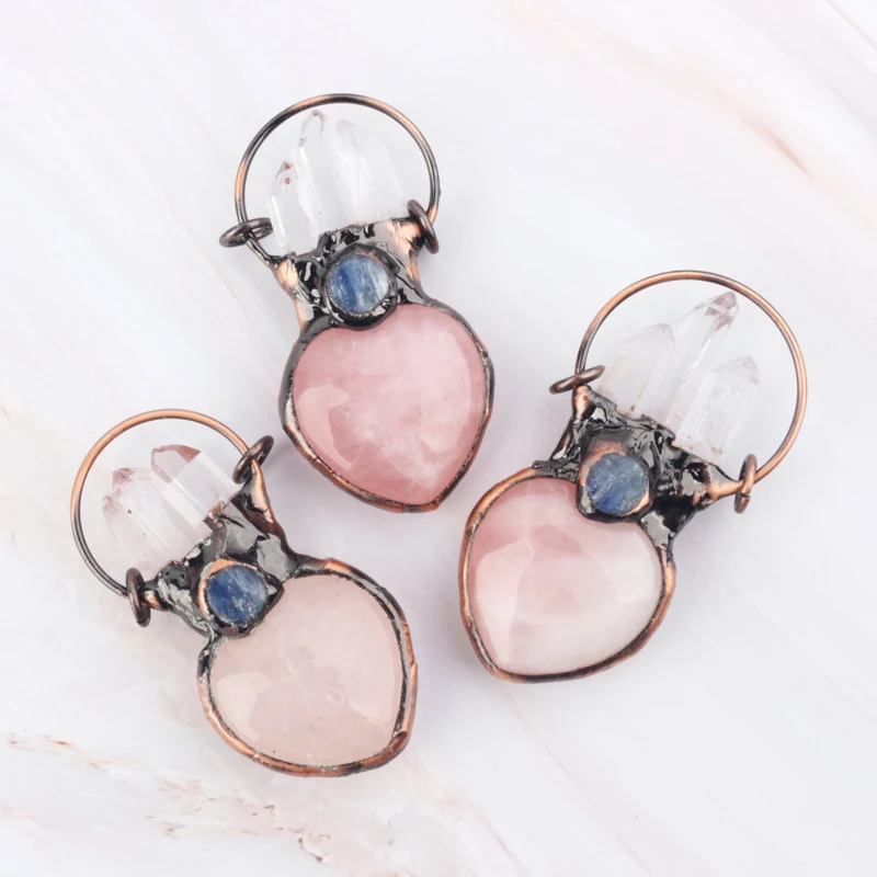Wholesale Natural Crystal Healing Stone Rose Quartz Heart With Copper Pendant for Decoration