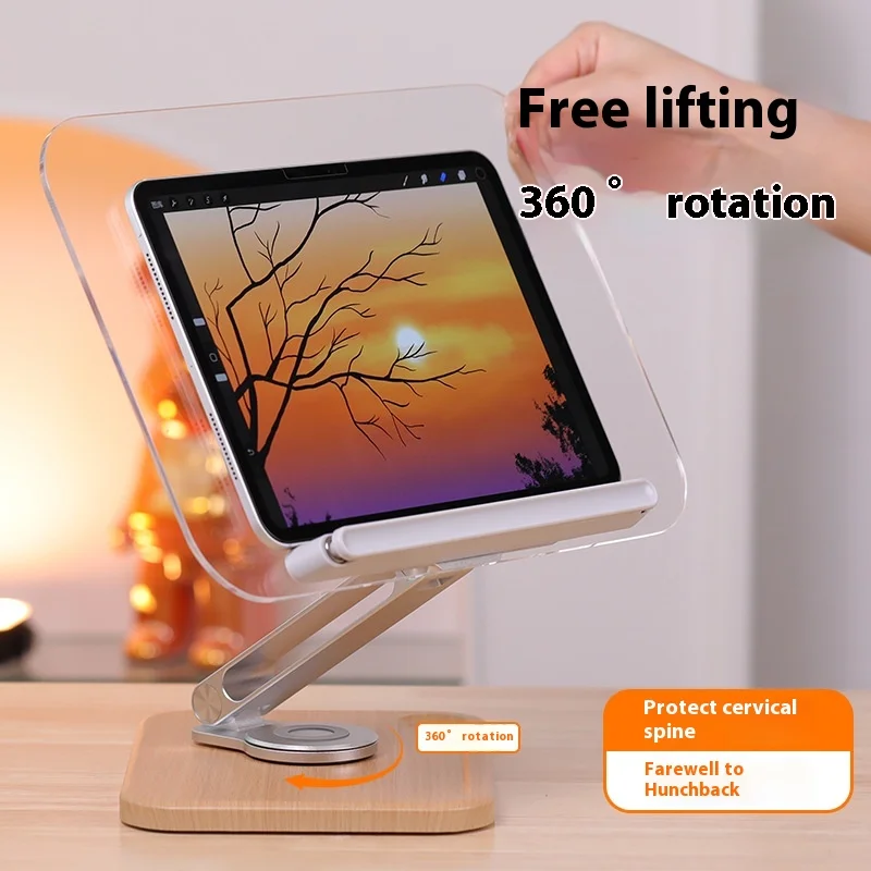 Book Stand for 360 Degree Rotating Foldable Wooden Laptop Stand with Metal Holder Vertical Desktop Tablet Reading Stand