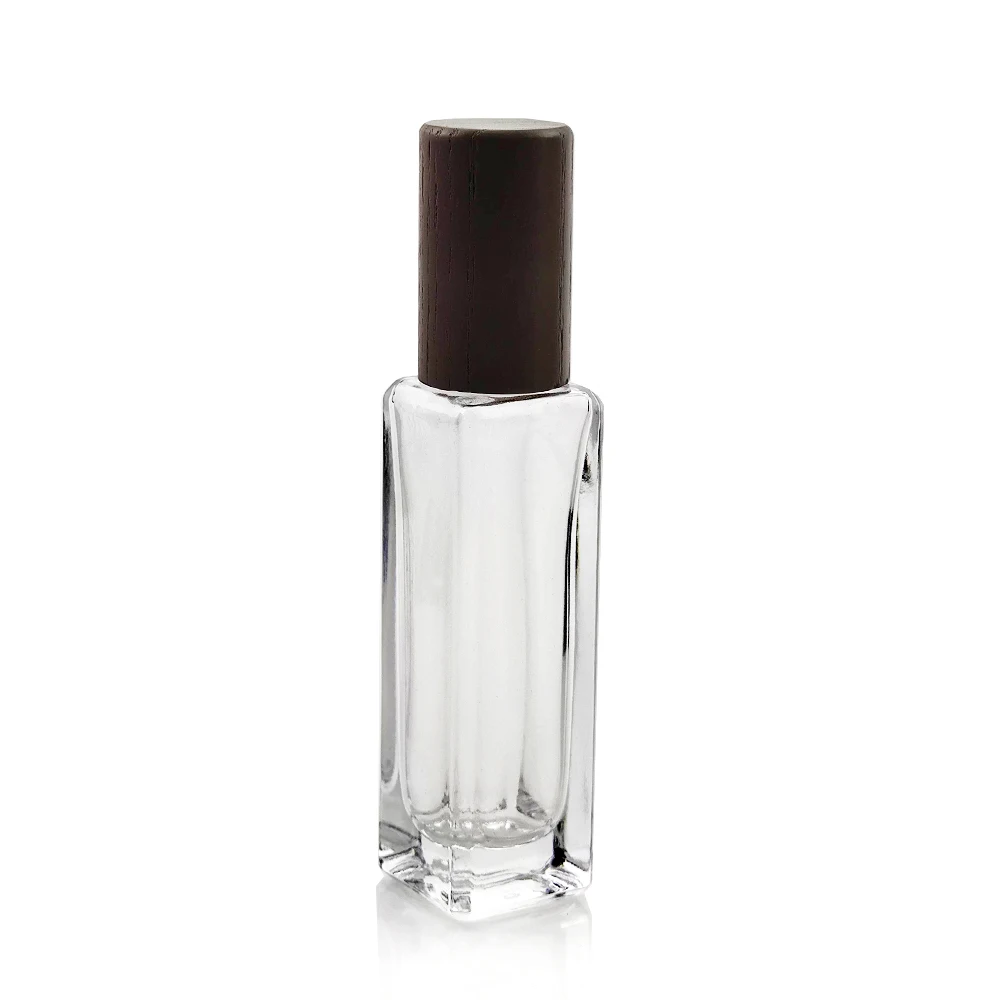 30 ml square High Slim Bottles Perfume Glass Spray Perfume Bottle with Aluminium Wooden Zamak PMMA Plastic Top
