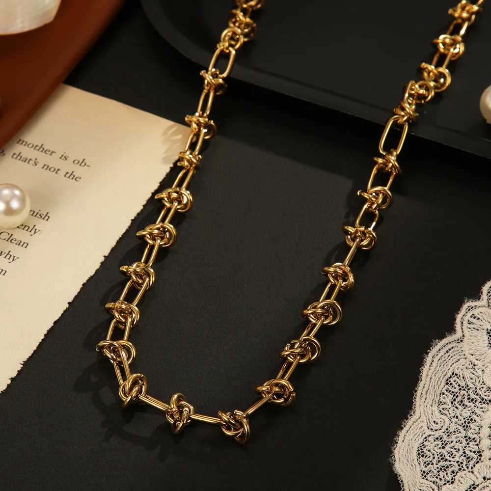 Exaggerated Style 14K Gold Plated Titanium Steel Knotted Link Chain Necklace for Punk Women
