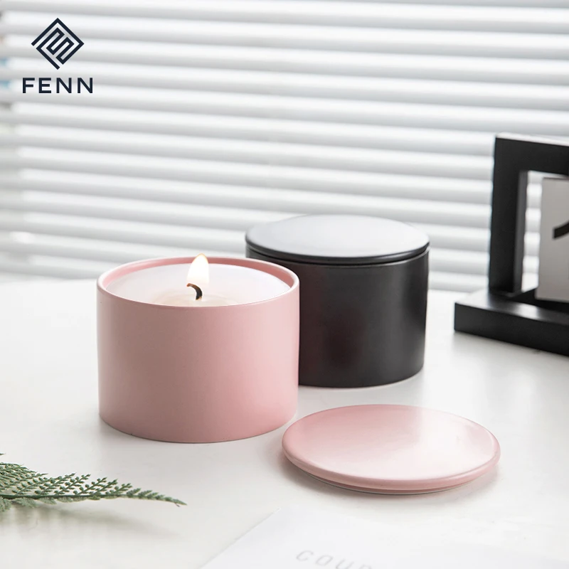 Nordic Matte Multiple Color Custom Porcelain Aromatherapy Fragrance Candle Vessel Empty Ceramic Candle Jar Custom Logo With Lid